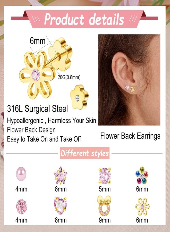 Staligue 8 Pairs Hypoallergenic Screw Back Earrings - 20G Surgical Steel Flat Back Studs with Heart, CZ & Pearl Designs for Women (Gold-Pink CZ) - Image 2